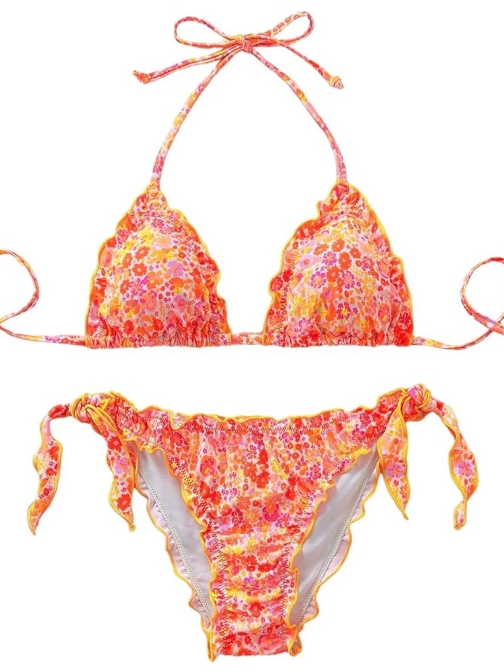 Orange Pink Floral Halter Ruffle Edges Side Tie Bikini Set